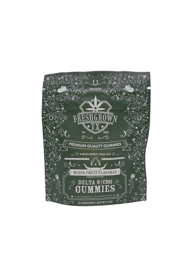 FRESH GROWN TX GUMMIES, LIVE RESIN, DELTA 9, CBG, MIXED FRUIT FLAVORED , 10 COUNT