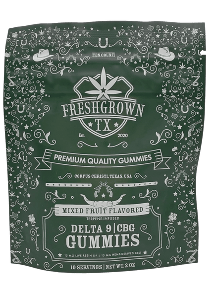 FRESH GROWN TX GUMMIES, LIVE RESIN, DELTA 9, CBG, MIXED FRUIT FLAVORED , 10 COUNT