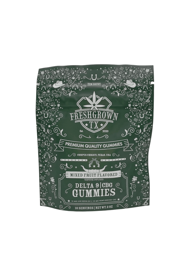FRESH GROWN TX GUMMIES, LIVE RESIN, DELTA 9, CBG, MIXED FRUIT FLAVORED , 10 COUNT