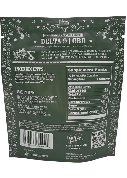 FRESH GROWN TX GUMMIES, LIVE RESIN, DELTA 9, CBG, MIXED FRUIT FLAVORED , 10 COUNT