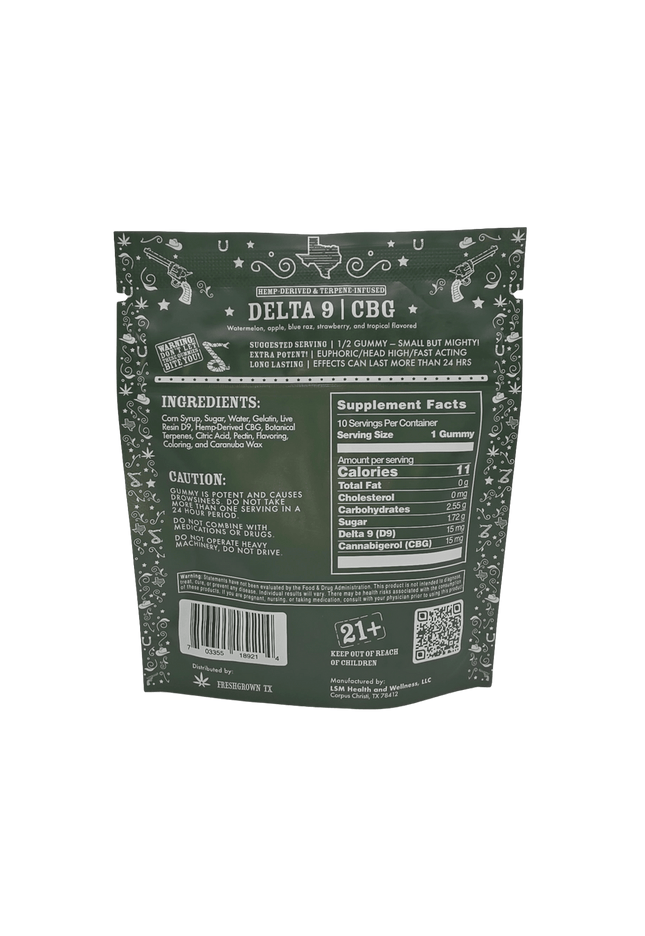 FRESH GROWN TX GUMMIES, LIVE RESIN, DELTA 9, CBG, MIXED FRUIT FLAVORED , 10 COUNT