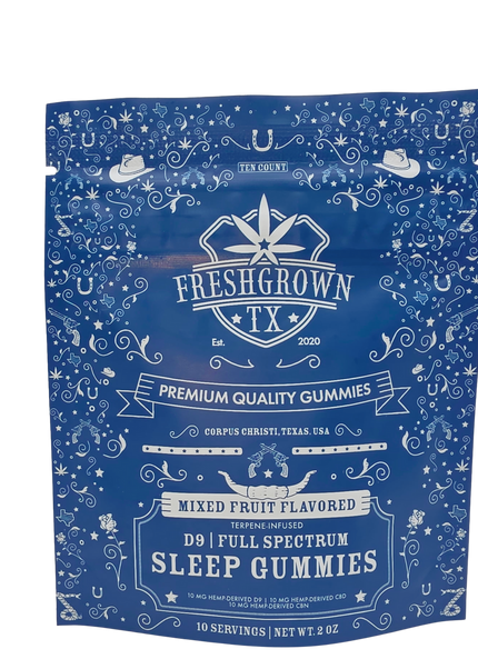 FRESH GROWN TX  SLEEP GUMMIES, FULL SPECTRUM, 10 mg D-9 THC, 10 mg CBD, 10 mg CBN, MIXED FRUIT FLAVORED, 10 COUNT