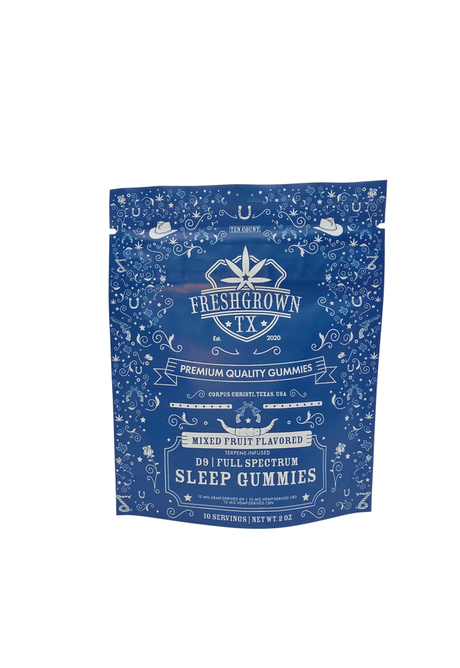 FRESH GROWN TX  SLEEP GUMMIES, FULL SPECTRUM, 10 mg D-9 THC, 10 mg CBD, 10 mg CBN, MIXED FRUIT FLAVORED, 10 COUNT