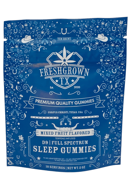 FRESH GROWN TX  SLEEP GUMMIES, FULL SPECTRUM, 10 mg D-9 THC, 10 mg CBD, 10 mg CBN, MIXED FRUIT FLAVORED, 10 COUNT