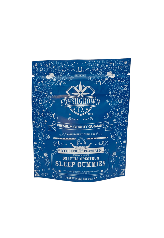 FRESH GROWN TX  SLEEP GUMMIES, FULL SPECTRUM, 10 mg D-9 THC, 10 mg CBD, 10 mg CBN, MIXED FRUIT FLAVORED, 10 COUNT