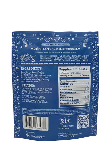 FRESH GROWN TX  SLEEP GUMMIES, FULL SPECTRUM, 10 mg D-9 THC, 10 mg CBD, 10 mg CBN, MIXED FRUIT FLAVORED, 10 COUNT