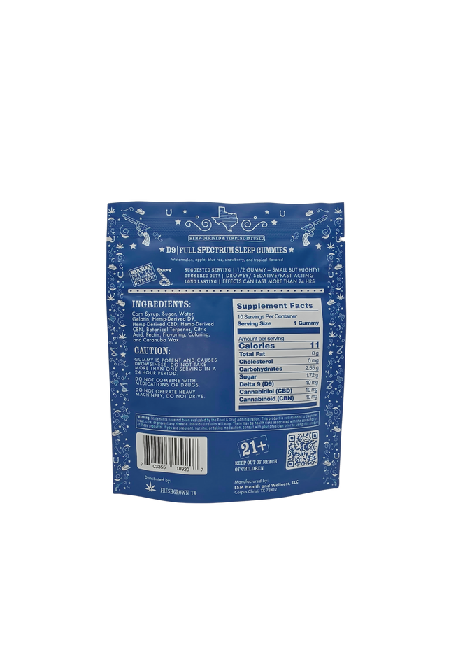 FRESH GROWN TX  SLEEP GUMMIES, FULL SPECTRUM, 10 mg D-9 THC, 10 mg CBD, 10 mg CBN, MIXED FRUIT FLAVORED, 10 COUNT